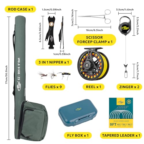 SF Kit Inicial de Combinação de Vara de Pesca com Mosca 4 Peças 6Wt 9 Pés Verde Esmeralda 24T Fibra