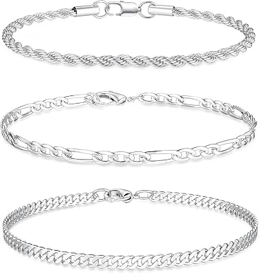 3 PCS Silver Bracelets for Men 925 Sterling Silver/14K Gold Palted Cuban Link Chain Bracelet Figaro Rope Bracelet Set Mens Jewelry Gifts for Dad Husband Boyfriend 7.5/8.2 Inches