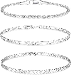 3 PCS Silver Bracelets for Men 925 Sterling Silver/14K Gold Palted Cuban Link Chain Bracelet Figaro Rope Bracelet Set Mens Jewelry Gifts for Dad Husband Boyfriend 7.5/8.2 Inches