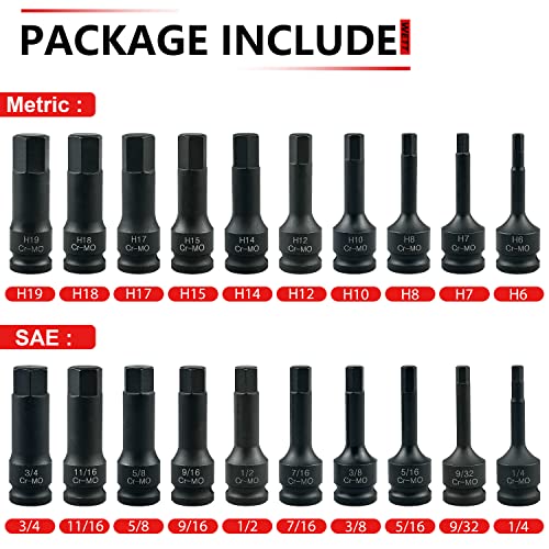 WETT 1/2\" Drive Master Impact Hex Bit Set, 20 Piece Hex Driver Socket Set, Allen Bit Socket Set, Cr-Mo Steel, SAE & Metric, (1/4\" - 3/4\", 6-19mm)