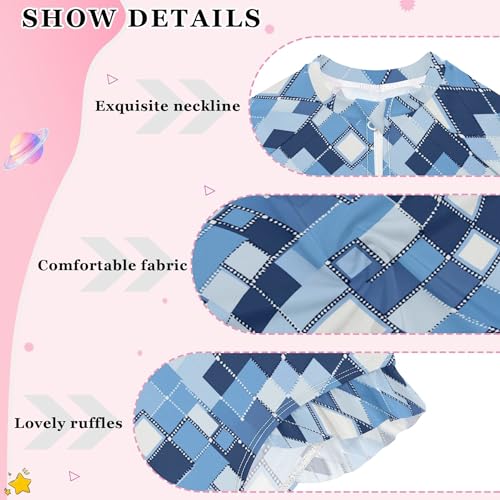 Blue Buffalo Check Plaid Girls Long Sleeve Rashguard Swimsuit UV Protection One-Piece Swimwear B04039574