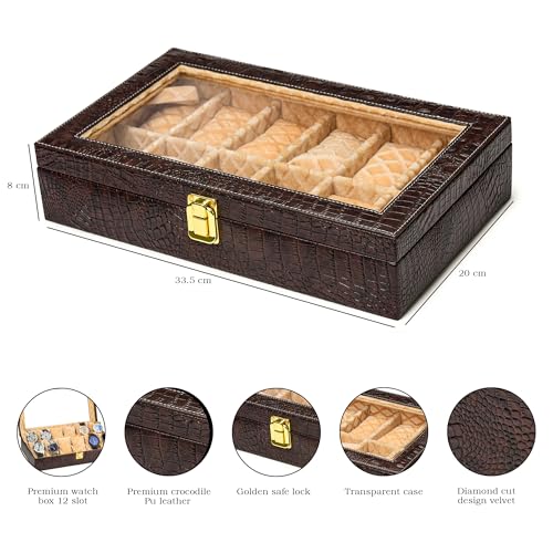 Image of NAAZS Luxury Leather Watch Organizer Box for Men - 12 Slot Watch Storage Case with Glass Lid & Velvet Lining - Display Box for Wrist Watches, Jewelry Holder, Travel Case - Gift for Men & Collectors