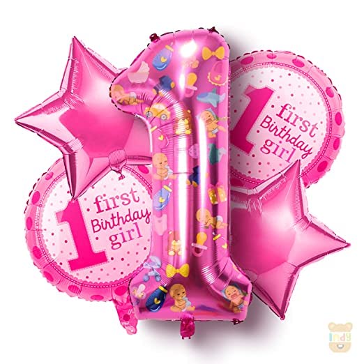DIVPAR Pink 1st Birthday Foil Balloons Set of 5 Pcs Decoration Kit For ...