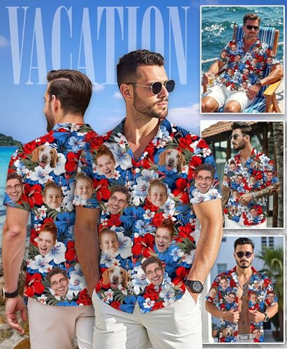 Custom Patriotic Hawaiian Shirts for Men Women Couple Youth Kid, Personalized Funny 4th of July Hawaiian Shirt with Face Photo Picture, Custom Independence Day USA American Flag Button Up Shirt ST16