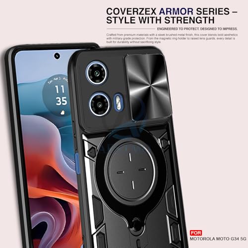 Image of AESTMO Armor Motorola Moto G34 / G45 5G Bumper Back Case Cover | Ring Holder & CD Pattern Sliding Camera Shutter Cover | Back Case Cover for Motorola Moto G34 / G45 5G (Black)