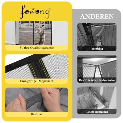 fowong Upgrades Fliegengitter Balkontür mit 10x Reißfestigkeit Nanogitter, 110x210 cm, verstärkte Magnet Fliegengitter-Tür Insektenschutz ohne Bohren für Balkontür bis 5 Jahren Garantie, Schwarz