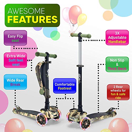 Image of Hurtle 3-Wheeled Scooter for Kids - Wheel LED Lights, Adjustable Lean-to-Steer Handlebar, and Foldable Seat - Sit or Stand Ride with Brake for Boys and Girls Ages 1-14 Years Old