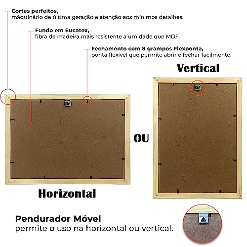 Kit de Molduras A4 21x30cm de Madeira Pinus Laqueada com Acetato para Quadros Dourada Branca Preta T
