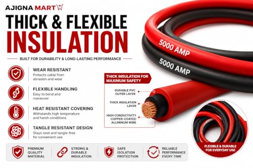 Image of AJIGNA MART 5000 AMP Booster Cable for Car Battery Jump Start, Heavy Duty Copper Coated Jumper Cables with Strong Battery Clamps, Portable Storage Bag, Suitable for Cars, SUVs, Vans & Light Trucks