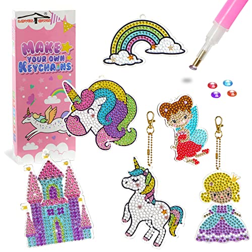 LOVESTOWN 6 PCS Gem Keychains Art for Girls, Make Your Own Gem Keychains Gem Dual-sided Use Diamond Painting Kit Keychains Crafts for Kids Ages 6-12