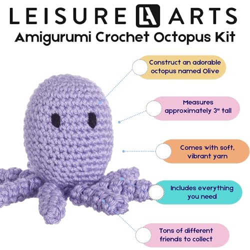 Image of LEISURE ARTS - Crochet Kit, Pudgies Olive The Octopus, 3 inch, Crochet Kit for Beginners, Complete Kit, Animal Kits, Animal DIY Amigurumi Kits