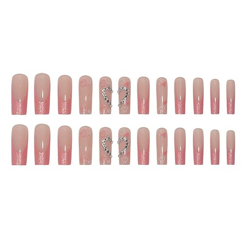 Miniatura 4 de Uñas postizas largas a presión, color rosa, estilo ataúd, francesas, cobertura completa, con purpurina, uñas postizas acrílicas con diamantes de