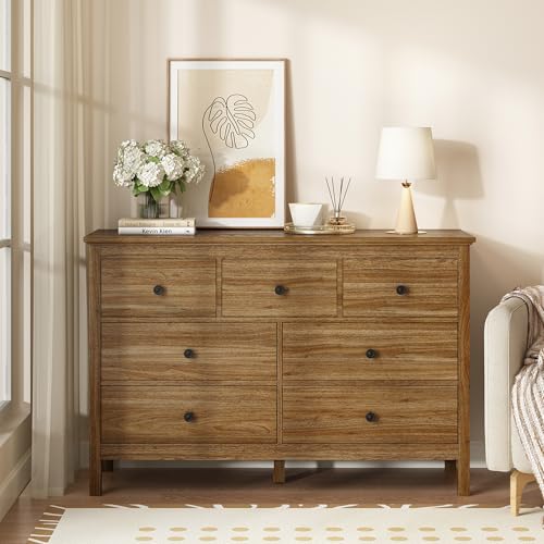 Image of LYNSOM Dresser for Bedroom with 7 Drawers, Natural Chest of Drawer with Black Handles, Wood Storage Dresser TV Stand Dressers for Closet, Living Room, Kids Room, Entryway, Oak