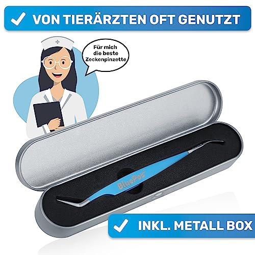 BluePet 2in1 Zeckenpinzette für Hunde, Katze, Pferd & Mensch I Edelstahl Zeckenzange mit Case I Zeckenhebel als Solider Zeckenentferner I Alternative zu Zeckenpinzette, Zeckendreher & Zeckenmittel