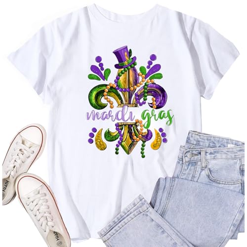 SUWATOIN Women's Mardi Gras Shirt Nola Carnival Party T-Shirt Fat Tuesday Tee Tops White
