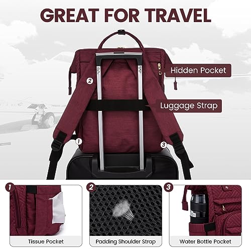 Image of LOVEVOOK Laptop Backpack for Women,15.6 Inch Professional Womens Travel Backpack Purse Computer Laptop Bag Nurse Teacher Backpack,Waterproof Work Bags Carry on Back Pack with USB Port,Wine Red Plait