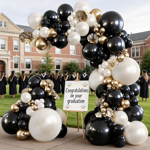 Image of Blocesa Black Gold White Balloons Arch Kit, Double Stuffed, Latex, Party. | Black, chrome gold, pearl white sand ivory balloons. Perfect for weddings, birthdays, events, New Year's parties decor.