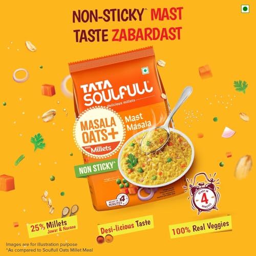 Image of Tata Soulfull Masala Oats+ With Millets, Mast Masala, 500g, Real Vegetables, 25% Millets, Non Sticky, Evening Snack, Healthy Snack (Pack of 2)