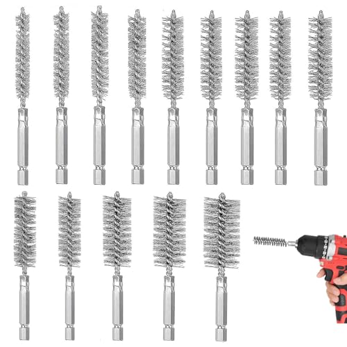 Image of 14-Pack Bore Brush Set Stainless Steel Wire Brush Bore Cleaning Brush Set for Power Drill Cleaning, 8mm-25mm Pipe Cleaning Brush Set Abrasive Wire Brush with 1 /4 inch Hex Shank for Power Drill Rotary Tool