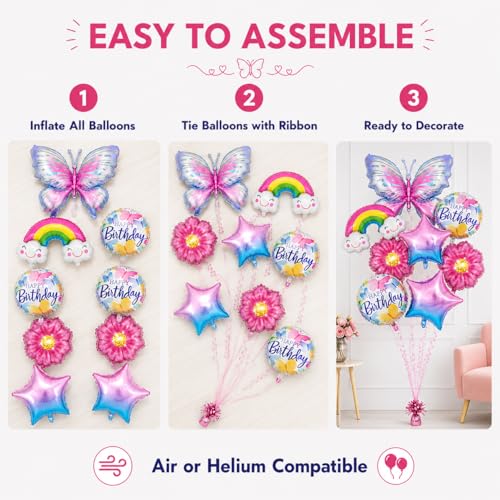 Image of AMFIN (Pack of 8) Butterfly Theme Birthday Balloon Bouquet Pink Blue Metallic Finish Foil Women Girls Decoration Item Kit Rainbow Flower