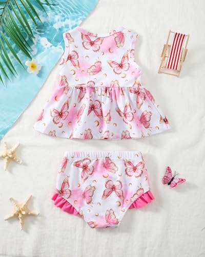 Image of Toddler Girl Swimsuit Baby Girl Bathing Suit Long Sleeve Floral Zipper One-Piece Rash Guard Swimsuit with Hat