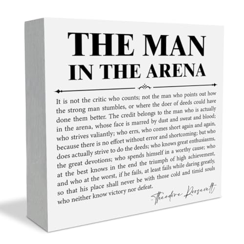 Inspirational Office Decor Wooden Box Sign Office Desk Accessories the Man in the Arena Wood Plaque Sign for Home Cubicle Shelf Table Motivational Positive Gifts for Men Coworker Employee Friend