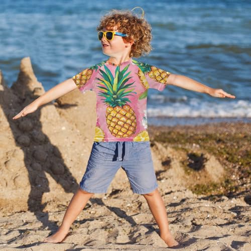 Boys Short Sleeve T-Shirts Pineapple Fruit Watercolor Rashguard Kids Swim Shirts Sun UPF 50+4
