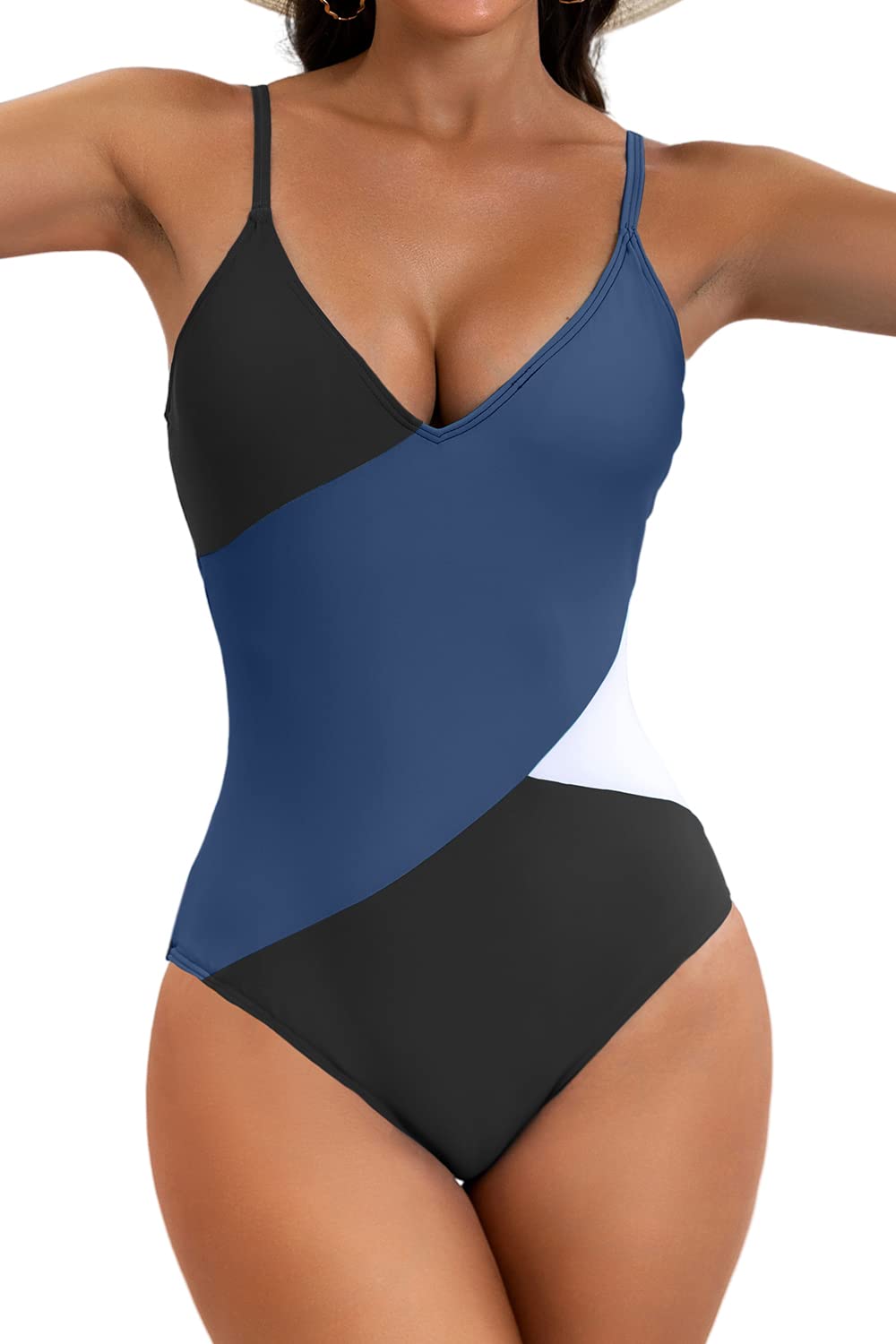 EomenieWomen's One Piece Swimsuits Color Block V Neck Bathing Suit 1 Piece Swimwear