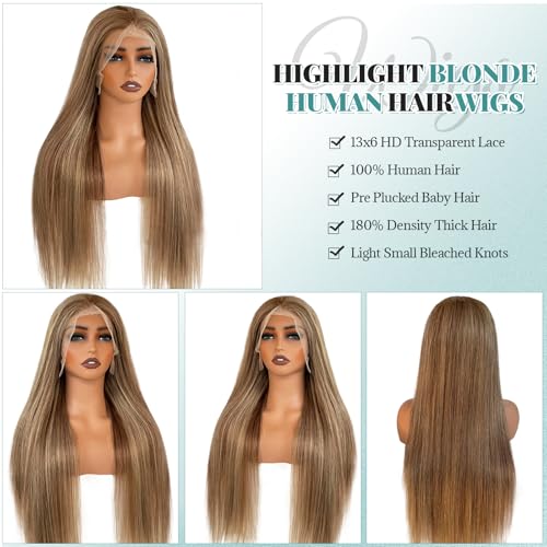 Image of Munx Ombre Highlight 13x6 Lace Front Wigs Human Hair HD Transparent Straight Lace Front Wigs Pre Plucked 180% Density Glueless Colored Honey Blonde Human Hair Wig for Women 24 Inch