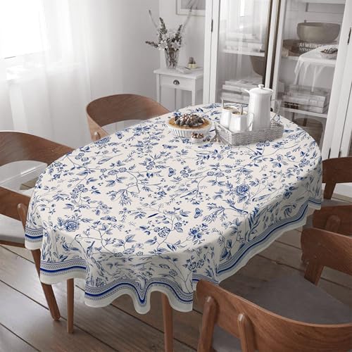 Virtumob Oval Tablecloth -60x84 Inch, Waterproof Tablecover for Oval Tables 60 x 84,Vintage Hand Drawn Floral Birds Design Table Cloth Perfect for Kitchen Dinner Restaurant Outdoor