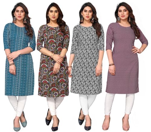 Image of JAKHANA Women's Crepe Printed Casual Straight Calf Length Round Nick Kurta Pack of 4