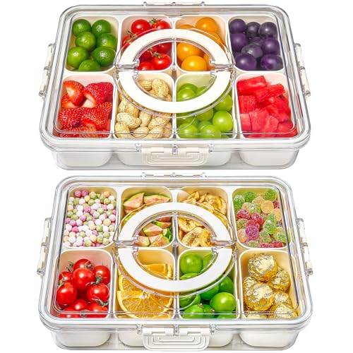 Image of Mfacoy Snackle Box Container, 2 Pack Divided Serving Tray with Lid and Handle, Snack Box Charcuterie Container for Portable Snack Platters, Clear Organizer for Candy, Fruits, Travel, Party, Picnic