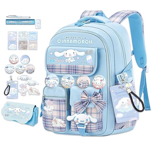 Roffatide Anime Kawaii School Backpack for Girls Boys with 21Pcs Accessories Cartoon Students Aesthetic New Semester Gifts Laptop Backpack with Cute Pins, Anti-Theft, ID Badge Holder