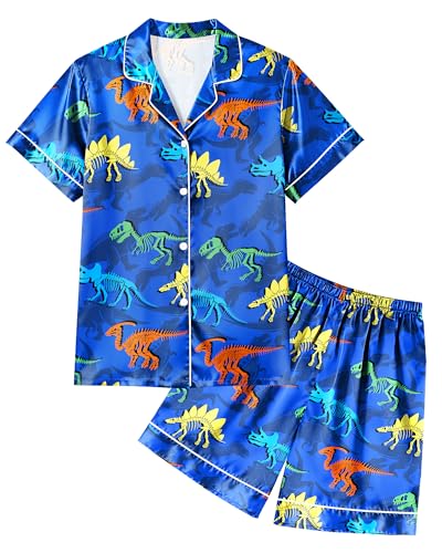 PASHOP Boys Pajamas Toddler Little Boys Blue Dinosaur Silky Satin Pajamas Button Down Short Sleeve & Shorts Pjs Set Size 5-6