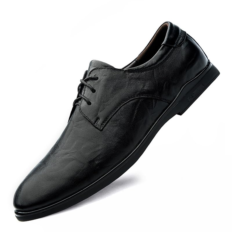 Formal Shoes for Men Lace Up Round Toe Leather Solid Color Derby Shoes Slip Resistant Anti-Slip Block Heel Party