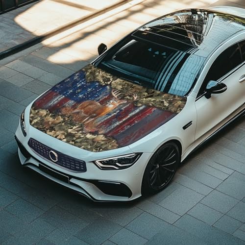 Image of 59x39 Inch Hood Cover for Compact Cars SUV Sedans Trucks, Waterproof Stretchable Car Hood Wraps Deer American Flag Print Auto Banner Auto Dcorative Accessories