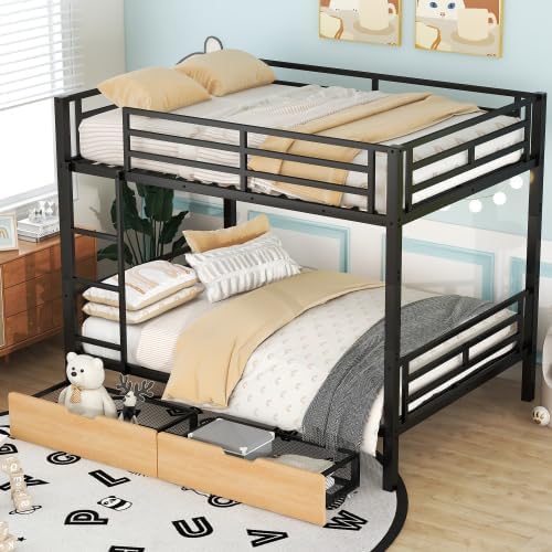 Bellemave Full Size Metal Bunk Bed with 2 Drawers, Can be Convertible to 2 Beds for Kids Teens, Black