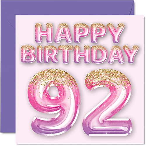 Tarjeta de cumpleaños número 92 para mujer, globos de purpurina rosa y morado, tarjetas de feliz cumpleaños para mujer de 92 años, mamá, gran niñera, abuela, abuela, abuela, abuela, 145 mm x 145 mm,
