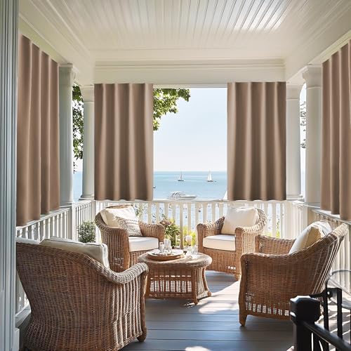 NICETOWN Fade Resistant Outdoor Curtains for Patio Waterproof, Peel/Stick Top & Back Tab Bottom with Free Rope for Wind Resistance, Sun Shades for Bal