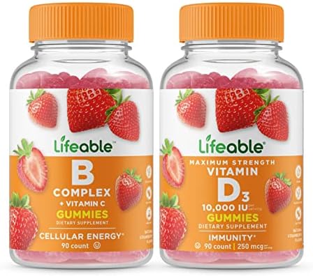 Lifeable B Complex + Vitamin D 10000 IU, Gummies Bundle - Great Tasting, Vitamin Supplement, Gluten Free, GMO Free, Chewable