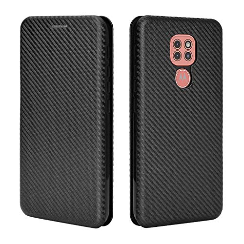 Cover per Motorola Moto E7 Plus Magnetica Portafoglio Custodia in Robusto Pannello PC in Fibra di Carbonio + Antiurto TPU + Anello Kickstand con Slot per schede. Nero