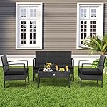 Tangkula 4 Piece Patio Rattan Conversation Set, Outdoor Wicker Furniture Set W/Glass Coffee Table, Solid Steel Structure, Ergonomic Seat, Suitable for Garden, Courtyard, Balcony, Poolside - Image 3