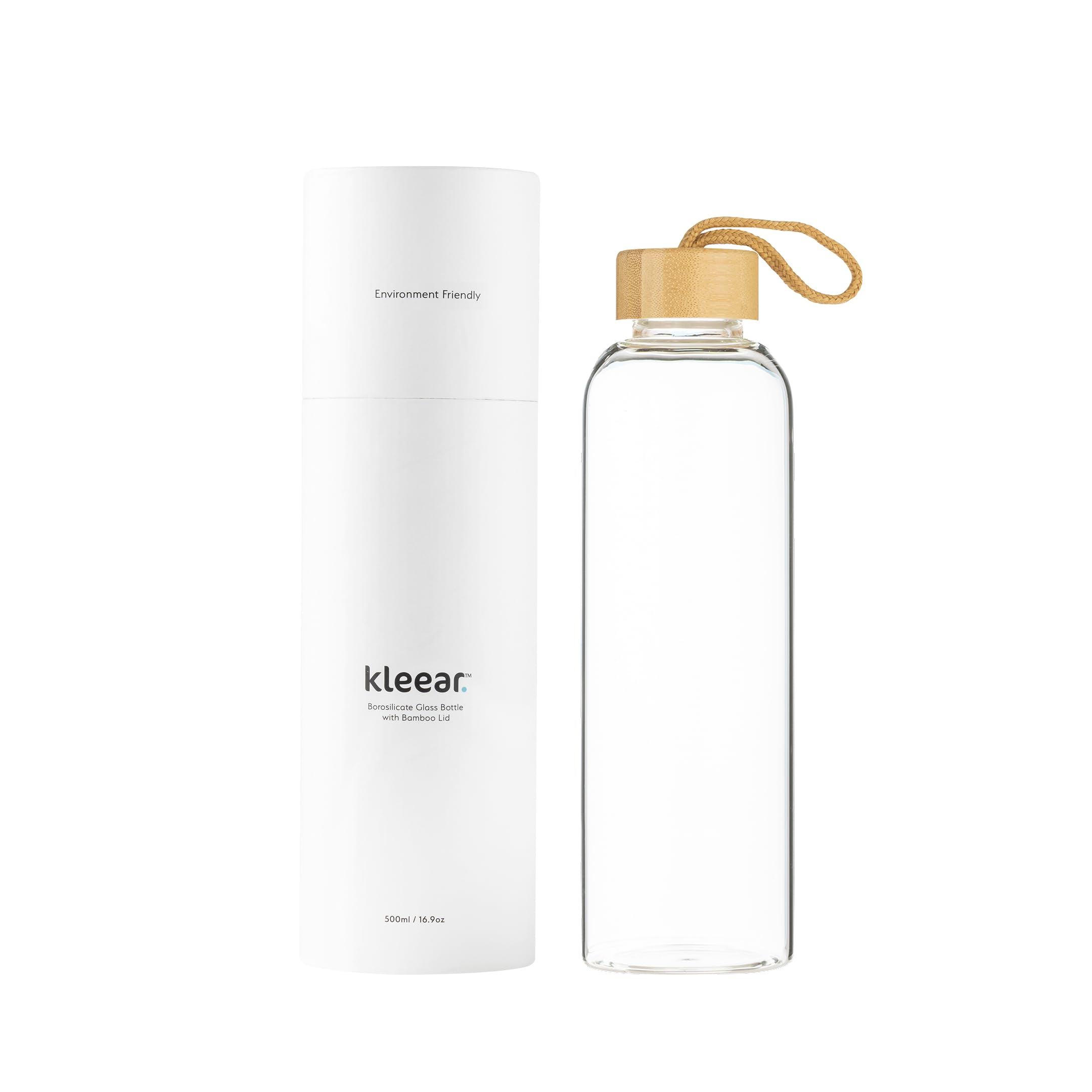 Kleear Clear Borosilicate Glass Water Bottle With Bamboo Lid And Carrying Loop | Office, Yoga, Gym, Exercise, Travel Friendly, 500Ml, Leakproof, Bpa-Free, Dishwasher Safe.