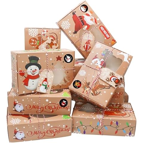 ZMCINER 12 PCS Christmas Cookie Boxes for Gift Giving Christmas Bakery Boxes Treat Boxes Baking Boxes with Window for Pastries, Cupcakes, Brownies, Donuts, Gift-Giving 8.75 x 5.75 x 2.75 Inches Cover