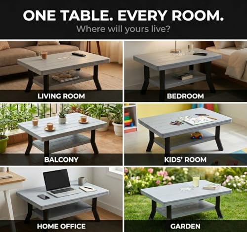 Image of Raj Furniture Royal Plastic Centre Table for Living Room | 82.5x52.5cm | 80kg Capacity | Built-in Storage Shelf | UV Weather Resistant | Home Balcony Garden Office Outdoor | (1 Pc, Grey, Medium)
