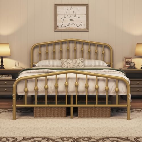 Topeakmart Metal Queen Bed Frame with Victorian Style Iron-Art Headboard