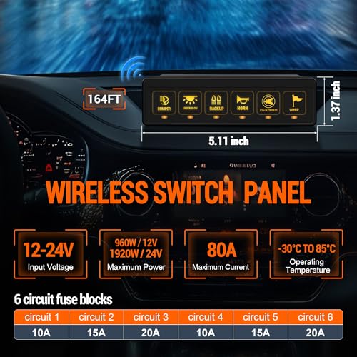 MNJ MOTOR 6 Gang Wireless Switch Panel - Multifunction Offroad Switches with 4 Light Memory Function, Toggle Switches Universal Circuit Control Relay System Switch Box for Boat Truck SUV ATV UTV Car