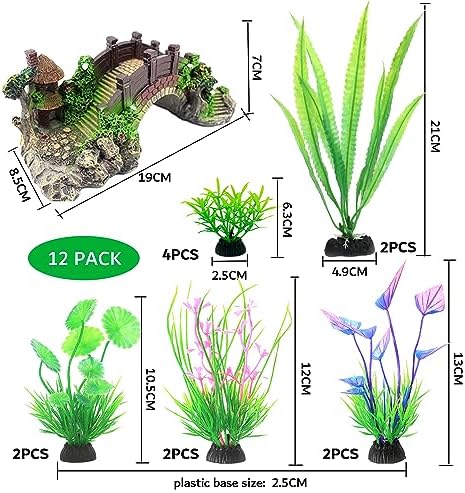 Aquarium Ornament Plants with Resin Arch Bridge, 13pcs Green Aquariums Plants Plastic and Aquarium Decorative Pavilion Tree Bridge for Fish Tank Ornament Decoration