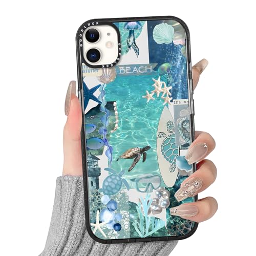 Yoedge Transparent Handyhülle für iPhone 12 Mini Hülle, Aesthetic Blumen Collage Muster Flower Design Mädchen Geschenk Schutzhülle, Silikon Bumper Case für iPhone 12 Mini 5,4",Ozeanblaue Schildkröte