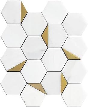 Tile & TOP Royal White Gold Hexagon Mosaic, Polished Marble Metal Tile, Backsplash Wall